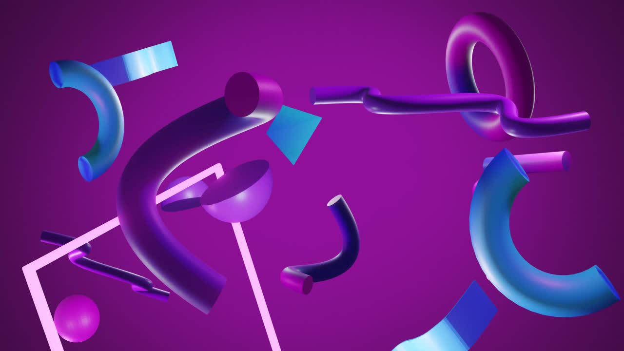 Animation of abstract 3d shapes over purple background