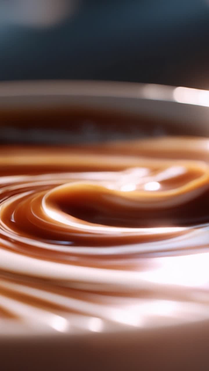 Vortice cremoso di dolcezza: Un primo piano affascinante di salsa al cioccolato vellutata che crea bellissimi motivi in una ciotola.