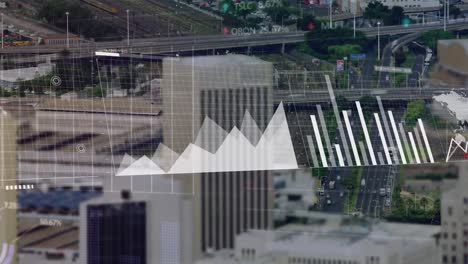 animation of graphs, map, trading board and loading bars over time lapse of moving vehicles in city