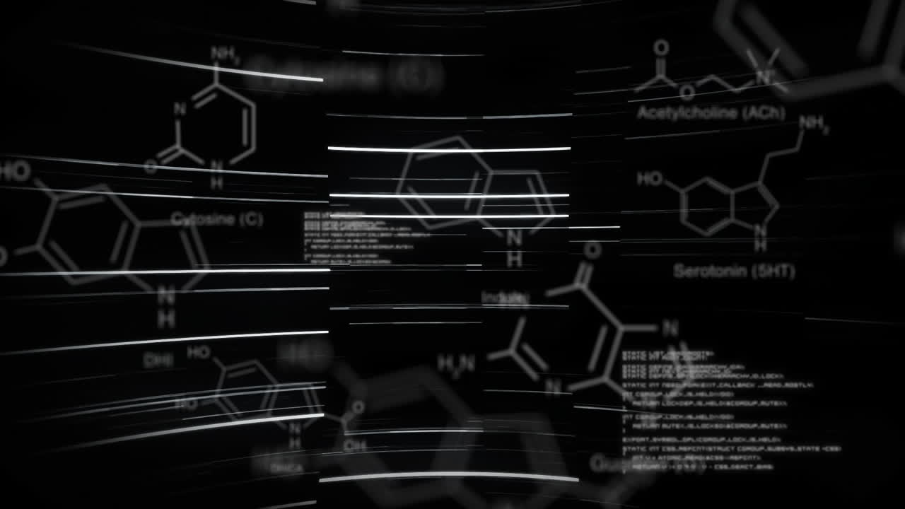 검은색 배경에 화학 공식에 대한 데이터 처리 애니메이션