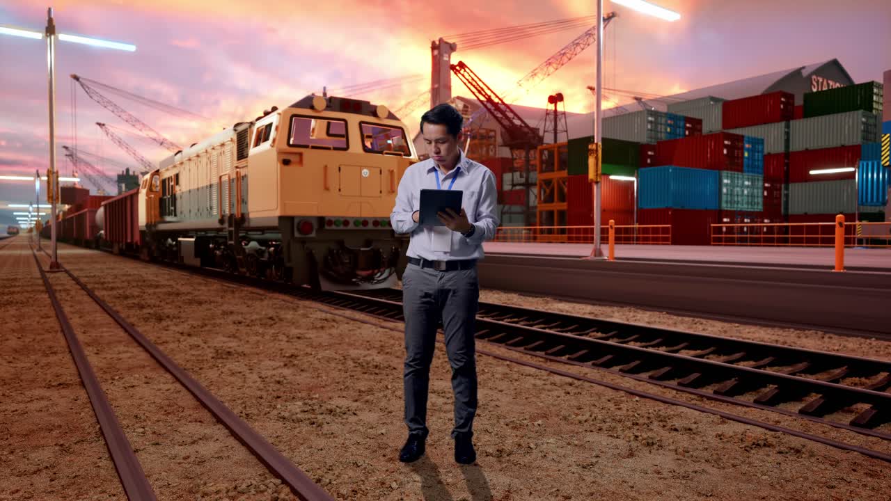 Full Body Of An Asian Male Professional Worker Standing With His Tablet With Freight Cargo Train At Port, Typing And Dissapionted With Nodding His Head