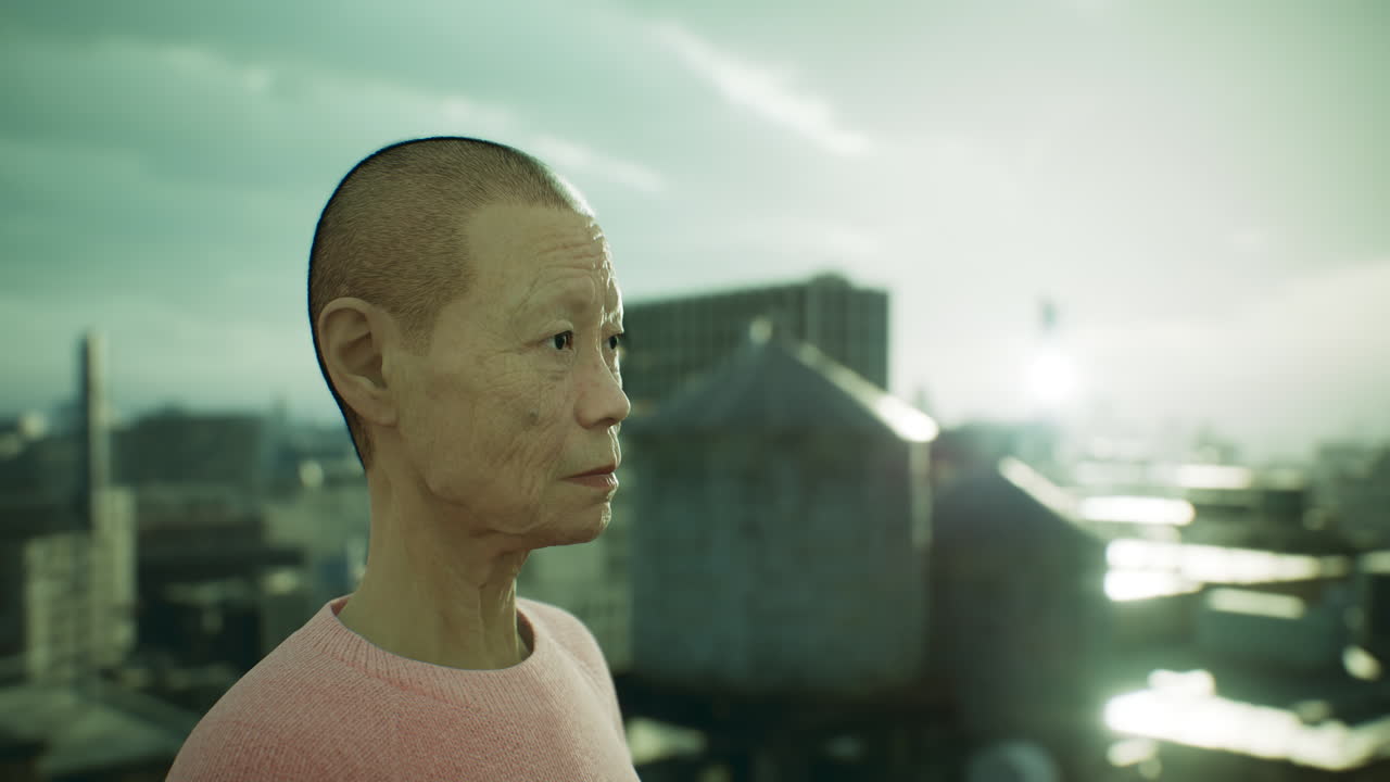 старая азиатка в городе.