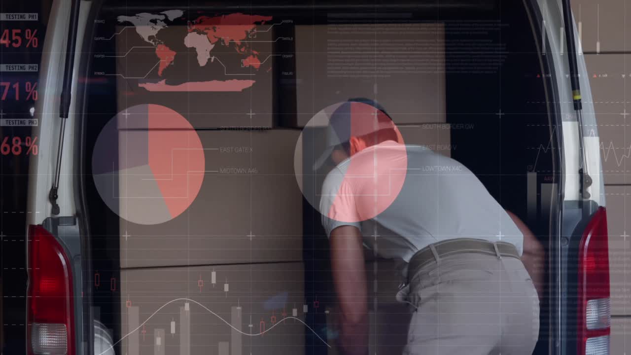 animación de estadísticas y procesamiento de datos financieros sobre el repartidor y la furgoneta