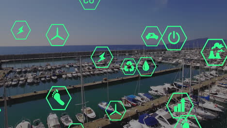 animación de iconos ecológicos y procesamiento de datos sobre el puerto marítimo
