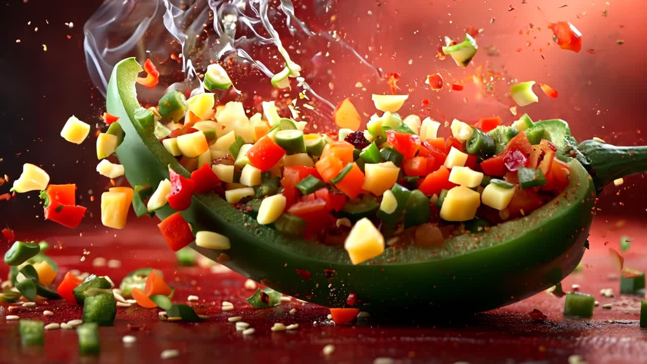 A green pepper is being sliced and scattered on a red surface. Concept of chaos and disorder, as the pepper pieces are flying everywhere. The red background adds to the intensity of the scene