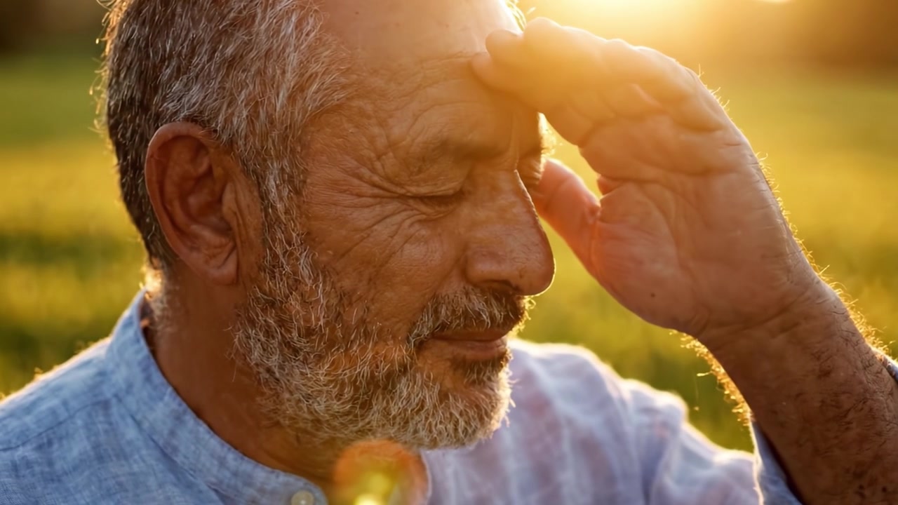 A Serene Moment Captured at Sunset: An Elderly Man Enjoying the Golden Hour in Nature with a Calm Expression Amidst Beautiful Surroundings