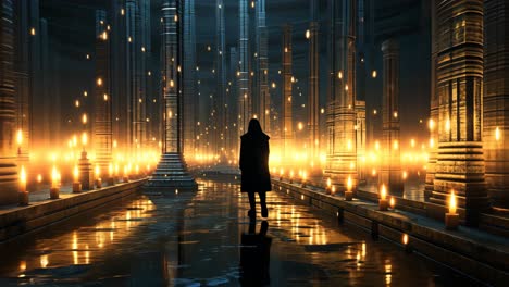 mysterious figure walking through a candlelit corridor at night