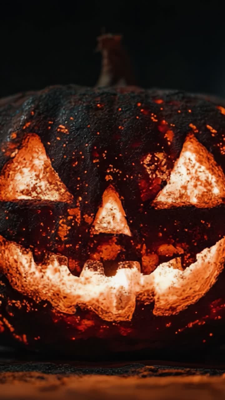 Un'esposizione di zucche di Halloween spettrale e inquietante cattura lo spirito suggestivo della stagione con i suoi occhi luminosi e la bocca ghignante, perfetta per decorazioni festive