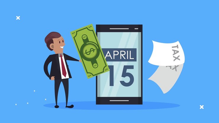 steuertagsanimation mit geschäftsmann und smartphone