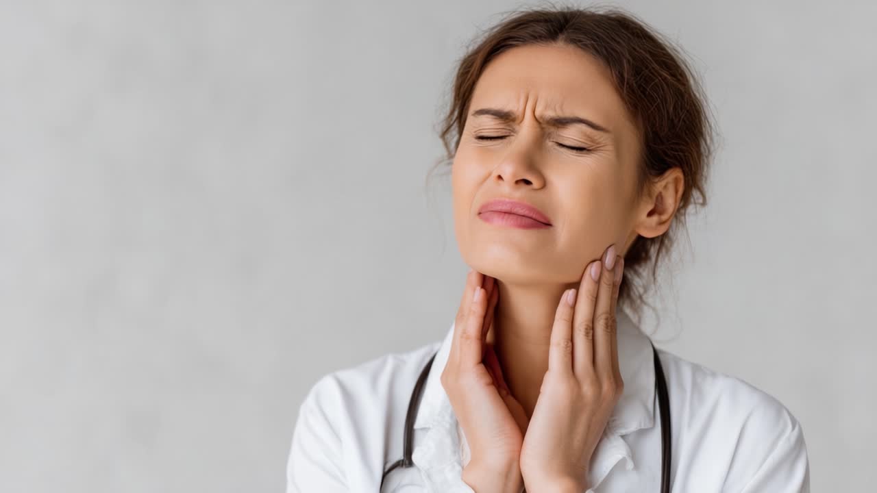 Un professionista sanitario sta provando disagio alla gola, mostrando un momento riconoscibile di difficoltà e vulnerabilità nel campo medico