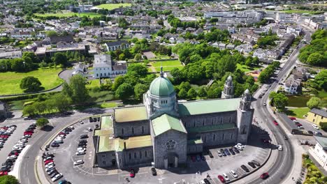 galway cathedral aerial dynamic spin to church. sunny day on west coast, ireland.