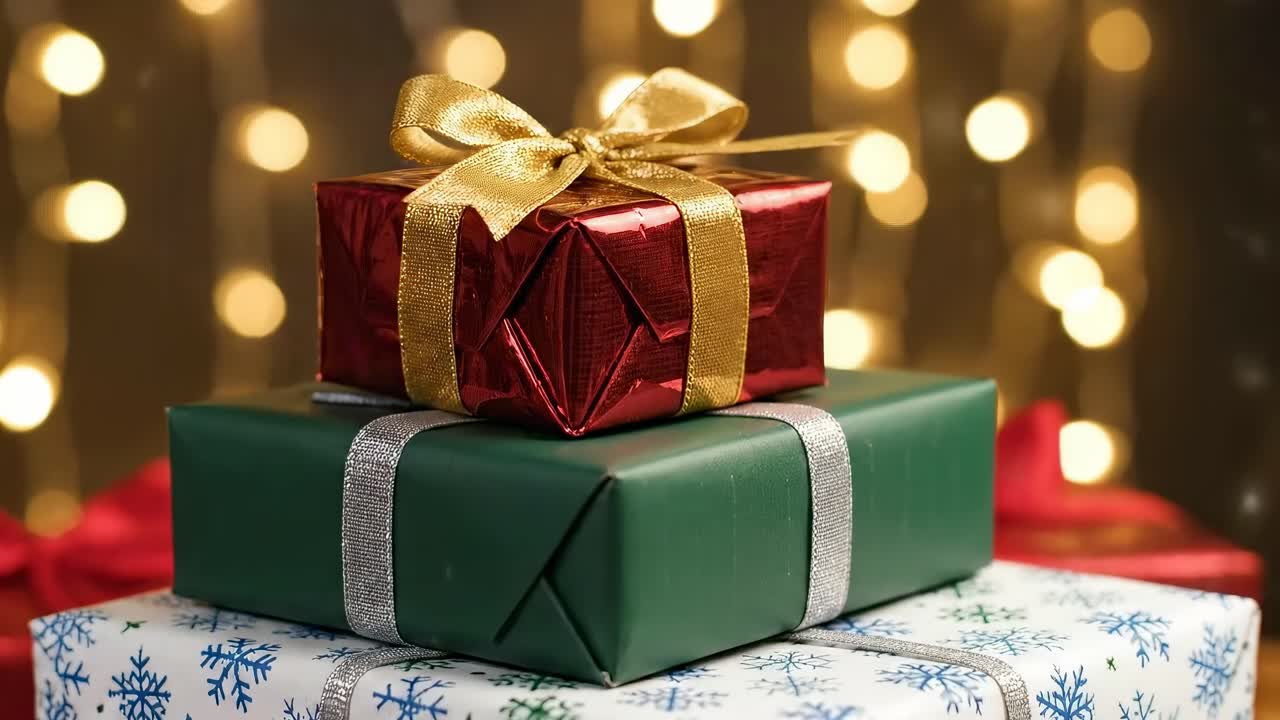 Festive video with a close-up angle of gift boxes, featuring bokeh lights in the background