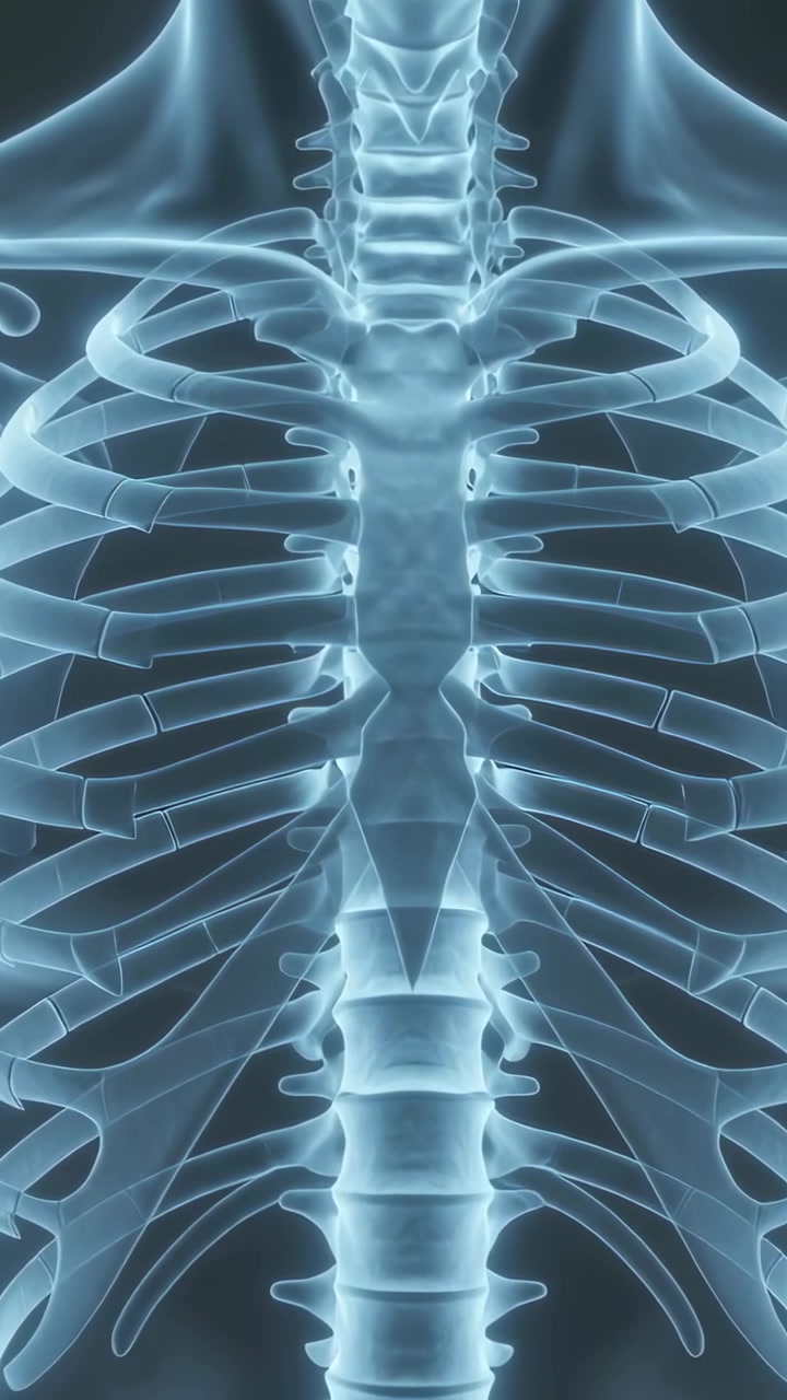 Vertical video: Starting thorax model expanding ribs, sternum pulsing in clinical view for anatomy