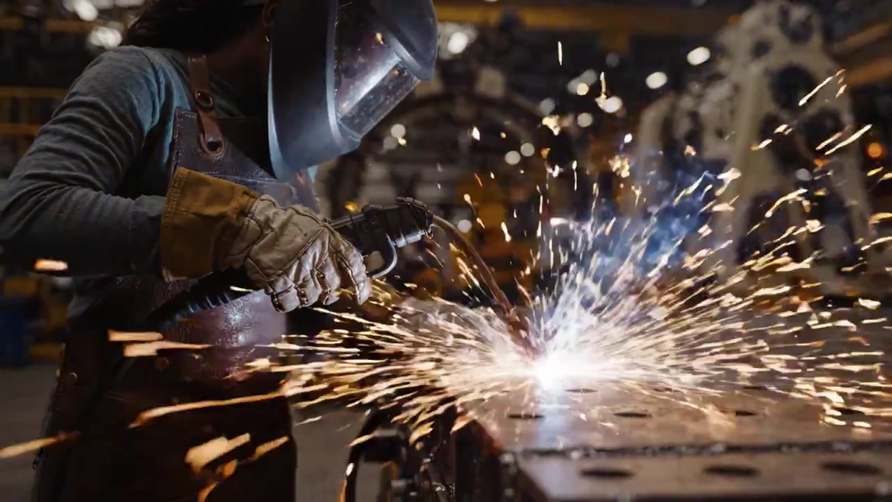 Welding Sparks Illuminate Craftsmanship: A Skilled Artist in Action with Protective Gear, Creating Metal Masterpieces in an Industrial Workshop Environment
