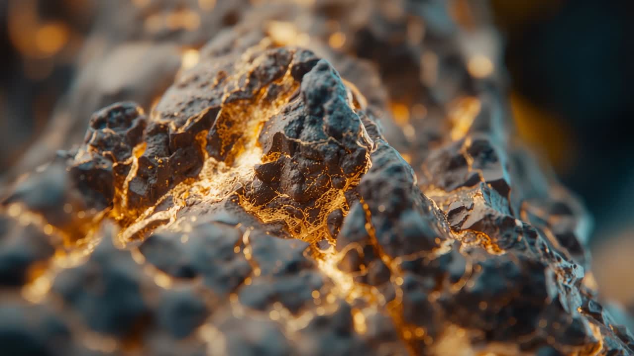 Glowing volcanic rock surface pulsing magma channels at macro viewpoint, with ember sparks