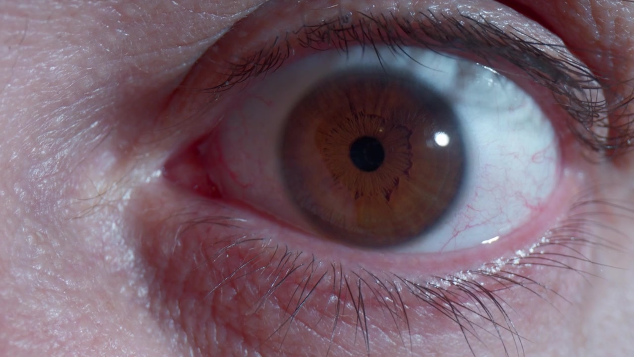 Vista macro dettagliata di un occhio umano marrone spalancato, che mostra intensa concentrazione mentre guarda uno schermo o un oggetto. L'iride e la pupilla sono chiaramente visibili.