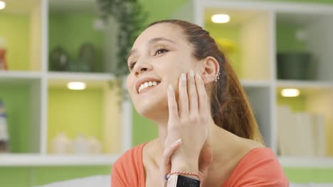 Close-up-thoughtful-young-woman-thinking-positive,-feeling-happy.