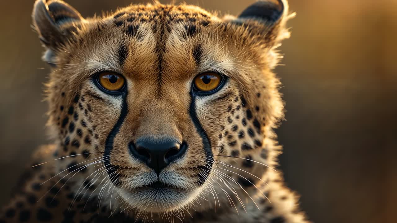 Reacting to sunrise glow intensifying, adult cheetah blinking slowly on grassland plain