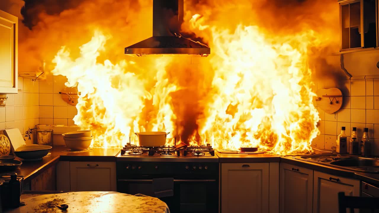 una cocina con un gran fuego ardiendo en el medio de ella