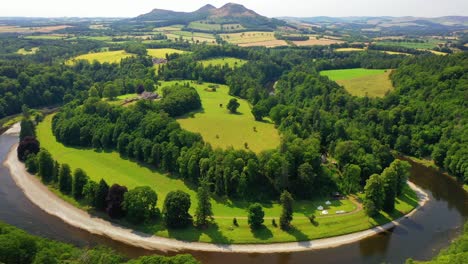 aerial view of the river tweed and eildon hills in the scottish borders, scotland