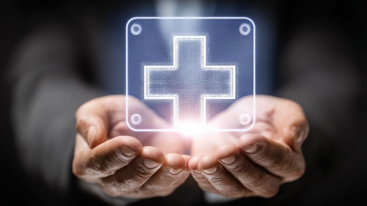 Una dimostrazione professionale dell'innovazione sanitaria: mani che abbracciano una croce medica digitale che simboleggia l'impegno per la salute e il benessere.