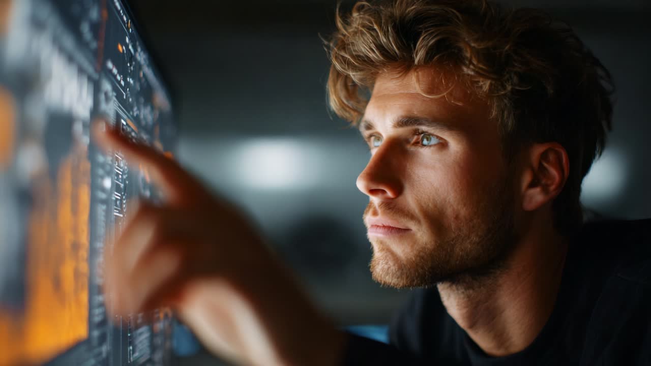 Focused Individual Analyzing Data with Precision on a Computer Screen in a Dimly Lit Environment, Showcasing Engagement and Concentration in a Modern Digital Workspace Context