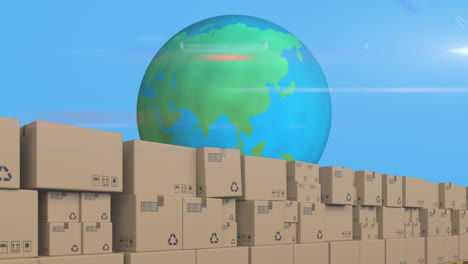 animated global e-commerce delivery concept with boxes on a conveyor.