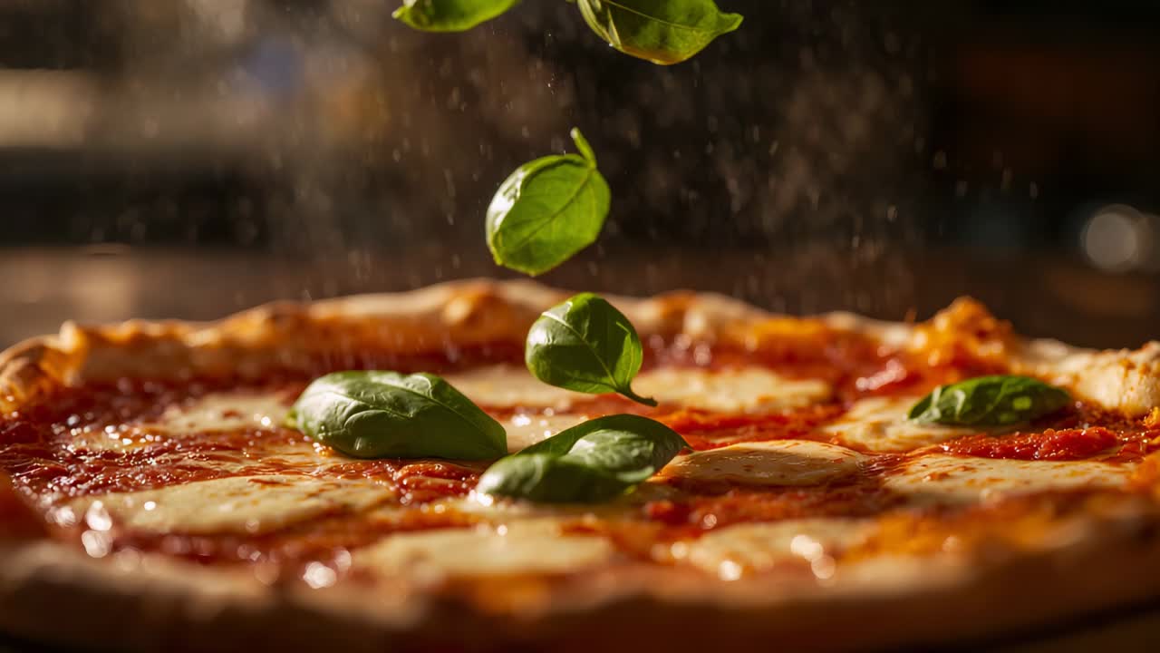 Foglie di basilico che cadono roteando dall'alto su una pizza margherita calda sul bancone della cucina, a guarnizione