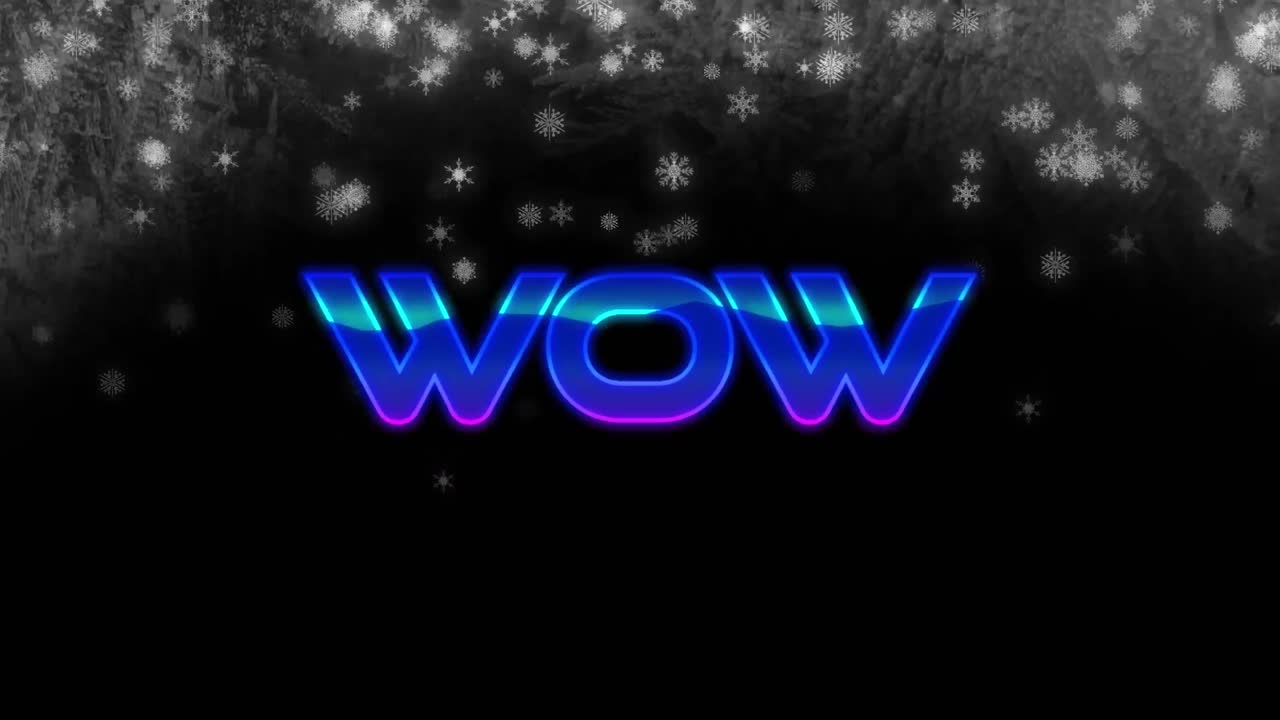 검은 바탕에 떨어지는 눈송이 위에 와우 텍스트의 디지털 애니메이션