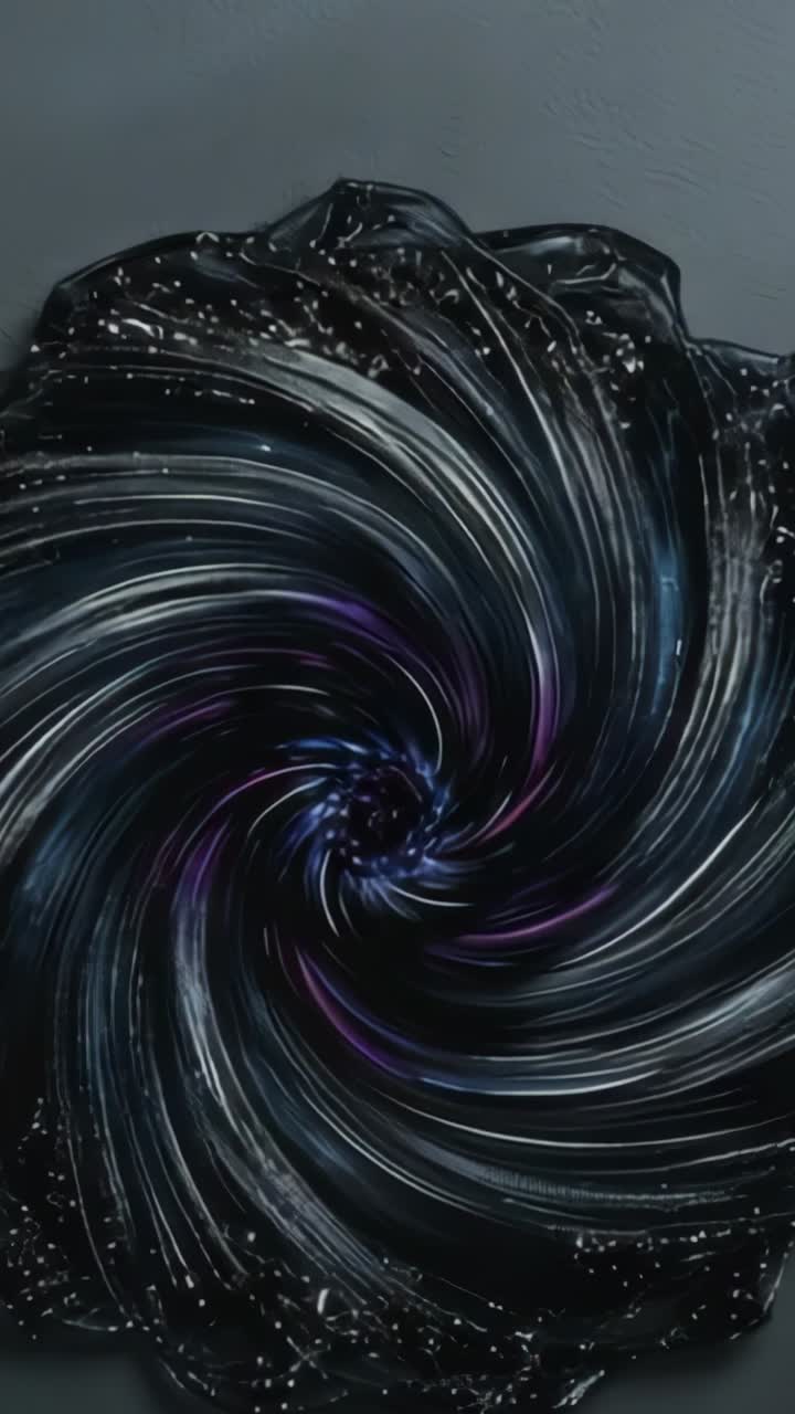 Vertikal video: Galaxy-slim presses ned på bordet og drejes til en hvirvel, der viser iriserende lilla og blå farver