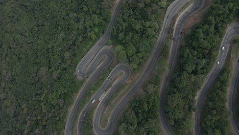 toma aérea de arriba hacia abajo de un camino sinuoso en un paso de montaña forestal con autos conduciendo en él