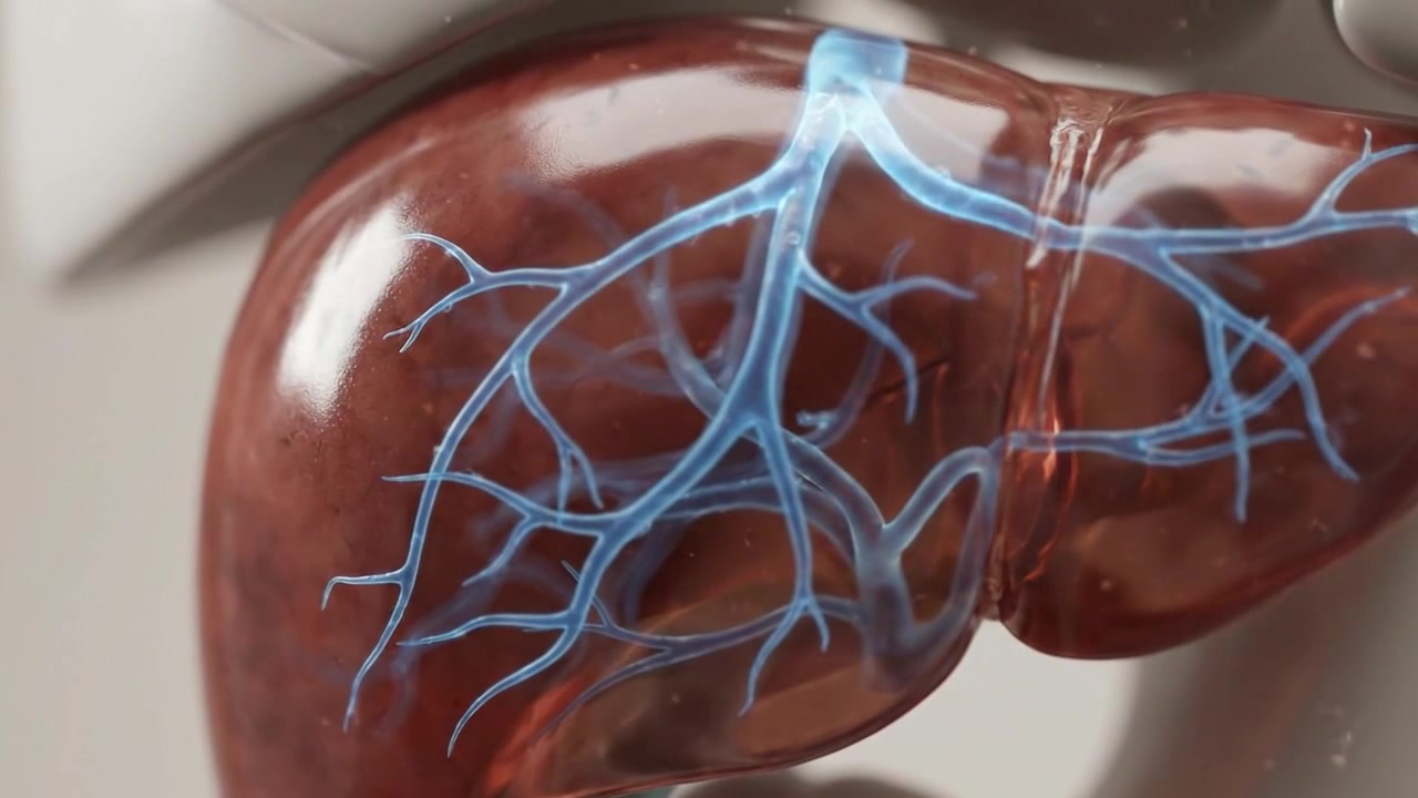 Close human liver anatomy with branching blue vascular network in medical render