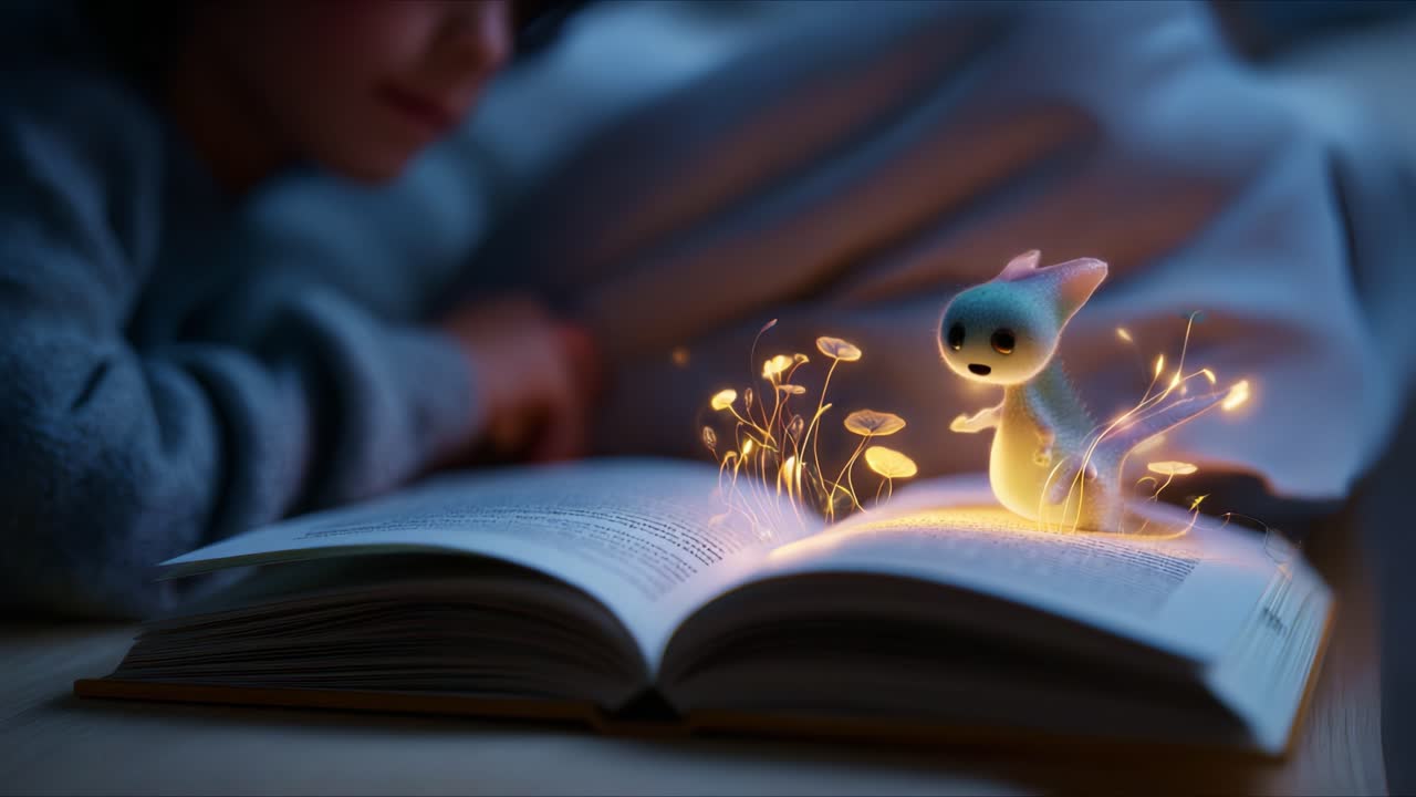 A Magical Encounter: A Young Reader Discovers a Fantastical Creature in an Enchanted Book, Illuminating the Pages with Glowing Flowers and Wonderous Imagination