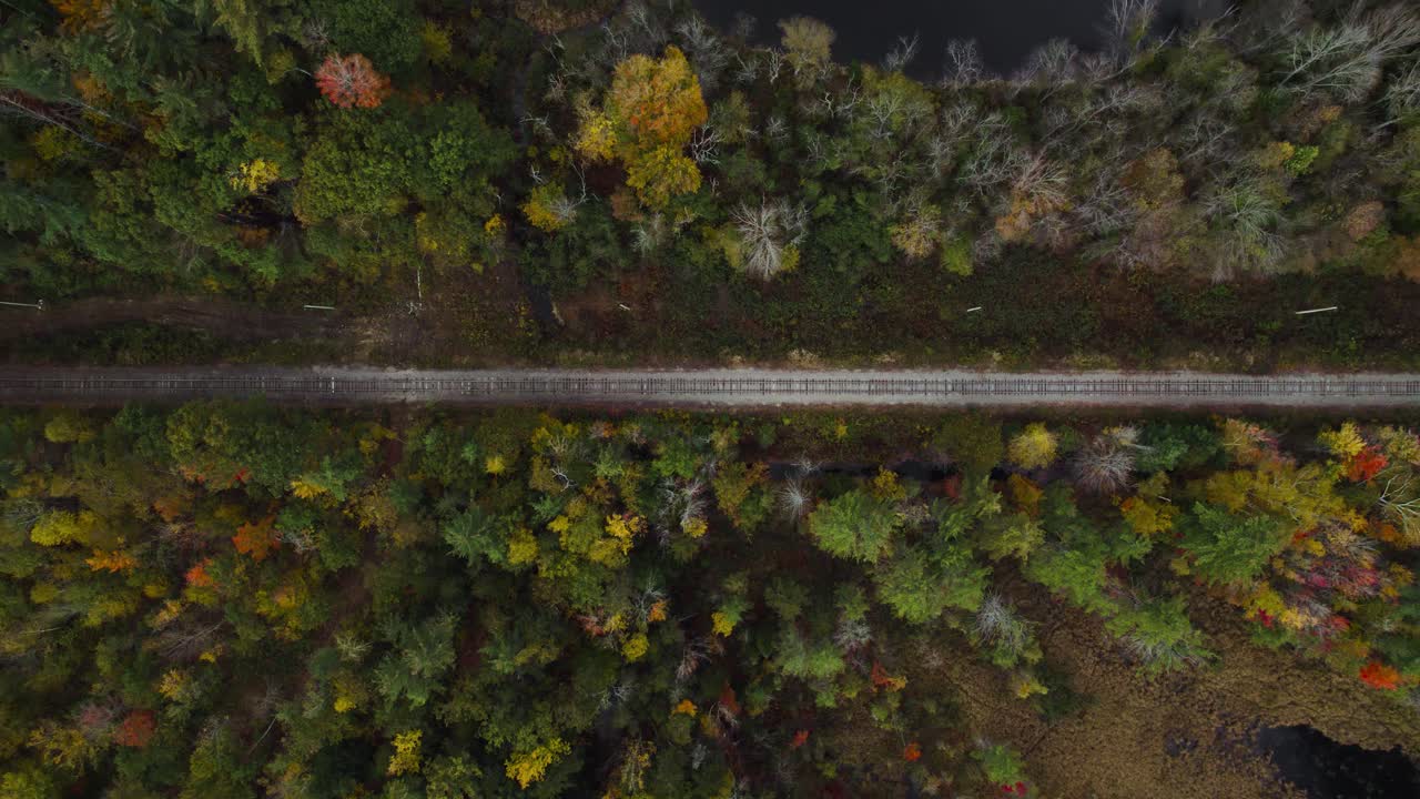 Vista dall'alto dei binari della ferrovia attraverso la foresta in autunno nel New Hampshire, New England, USA.
