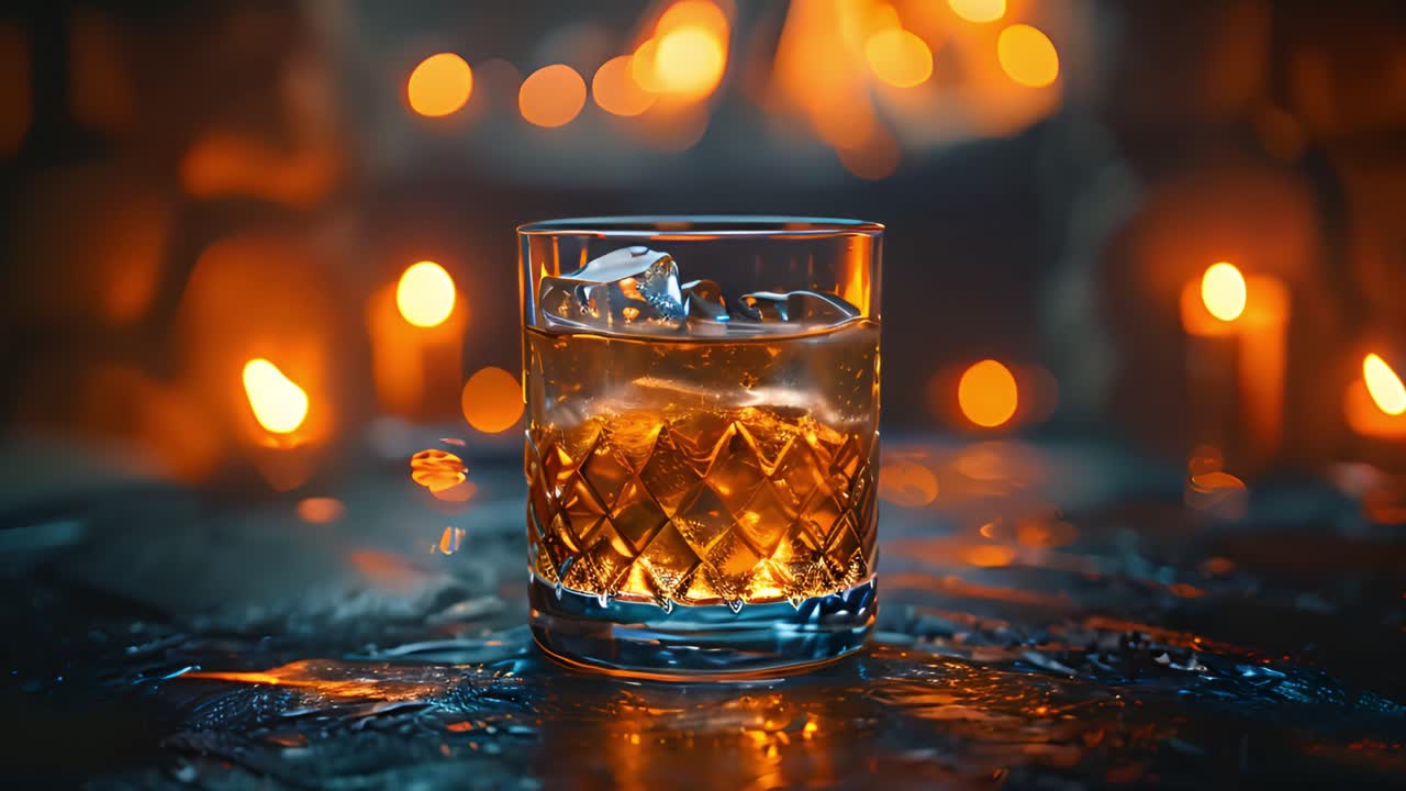 Whiskey Glass with Ice and Warm Bokeh Background