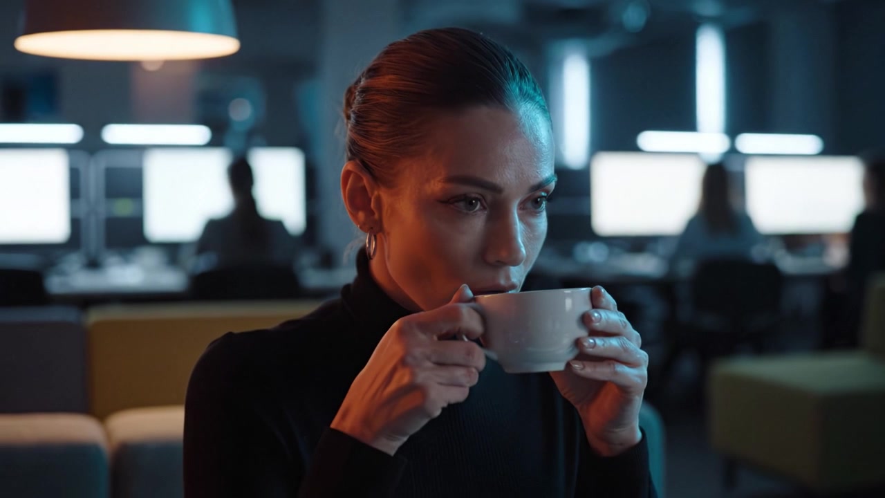 Uma mulher pensativa desfruta de uma xícara de café enquanto pondera em um espaço de trabalho moderno, cercada por colegas engajados em suas tarefas e iluminada por luz suave.