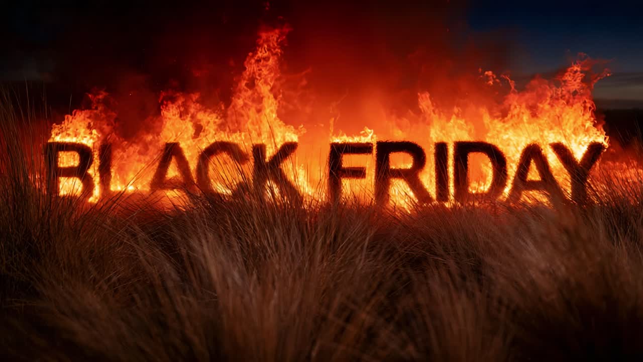 A Dramatic Visual Representation of Black Friday with Fiery Letters Igniting the Scene, Surrounded by Wild Grass, Symbolizing the Intense Consumer Frenzy of Shopping Events