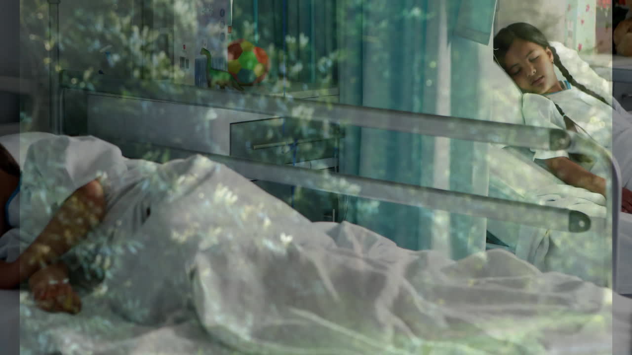 Resting in hospital bed, woman with animation of floral overlay effect