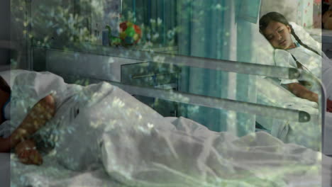 resting in hospital bed, woman with animation of floral overlay effect