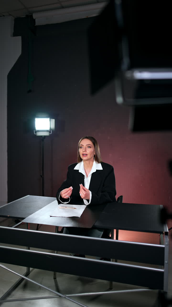 Caucasian woman with dark hair sits at desk in studio. Reporter talks to camera recording content. Vertical video.