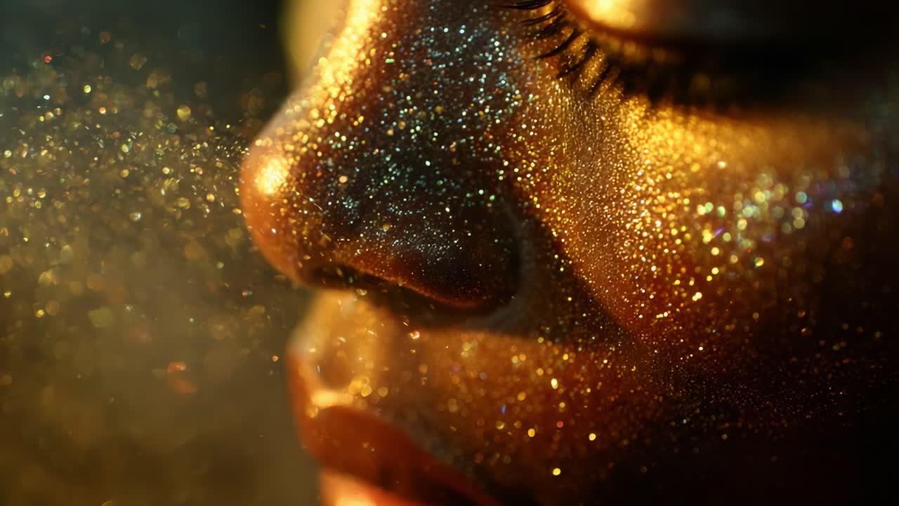 Captivating Close-Up of a Face Adorned with Shimmering Glitter: An Artistic Representation of Beauty and Elegance in a Magical, Dreamlike Atmosphere, Infused with Light and Radiance
