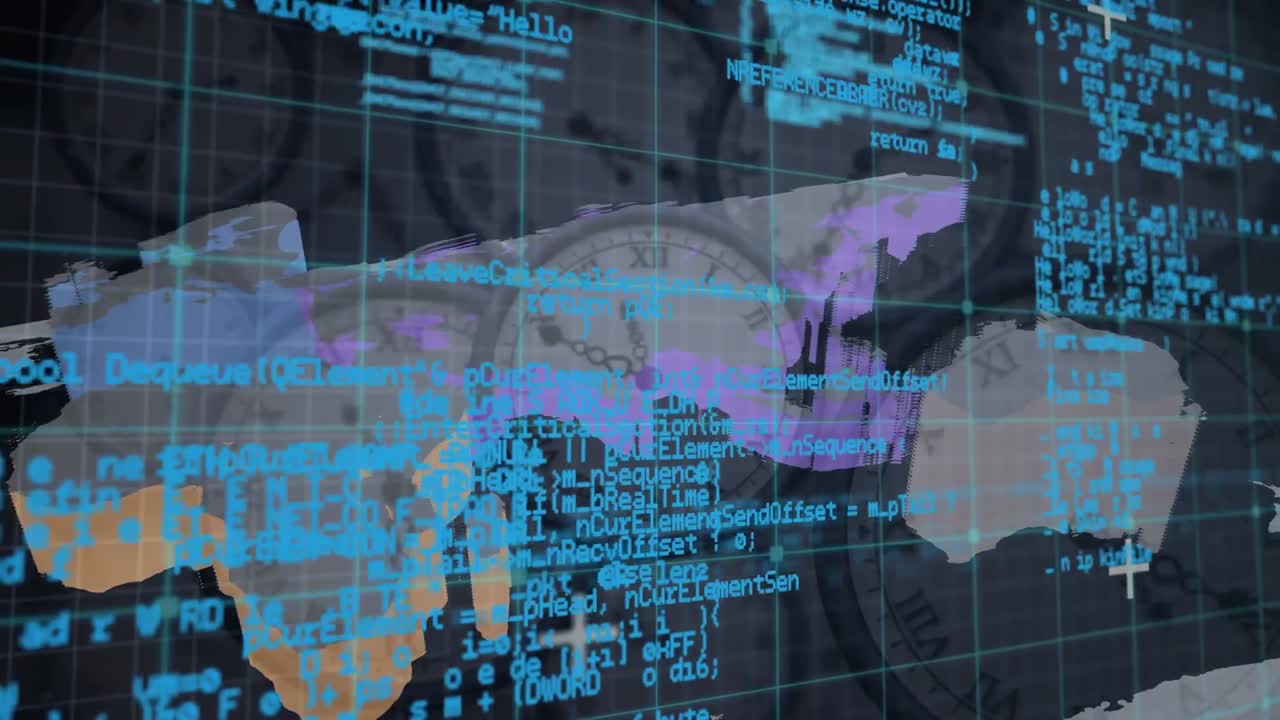 Animation of data processing over world map and clocks