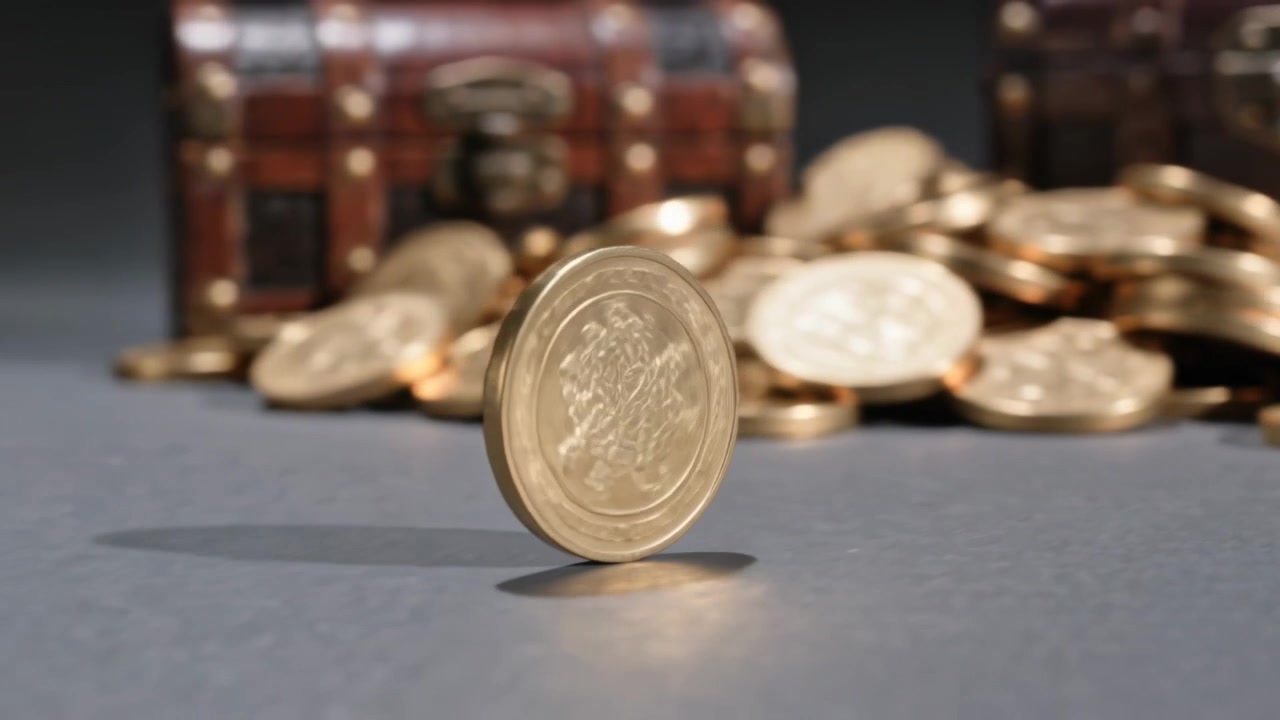 Spinning gold coin rotating upright and wobbling on table, motion starting off-frame, chest blurred