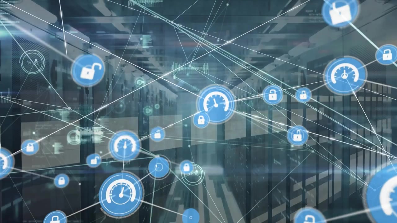 Digital Network Connections and Data Security Icons in Server Room