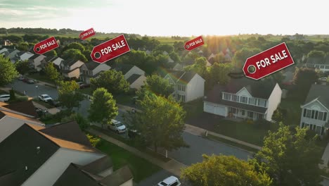 puesta de sol sobre un vecindario estadounidense con señales animadas "para la venta" por encima de las casas