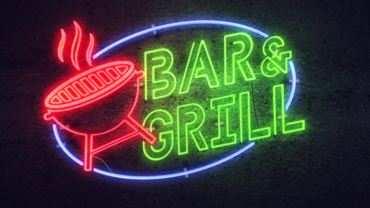 representación realista de un vívido y vibrante letrero de neón animado que parpadea y parpadea, con las palabras bar - grill, sobre un fondo de pared de hormigón
