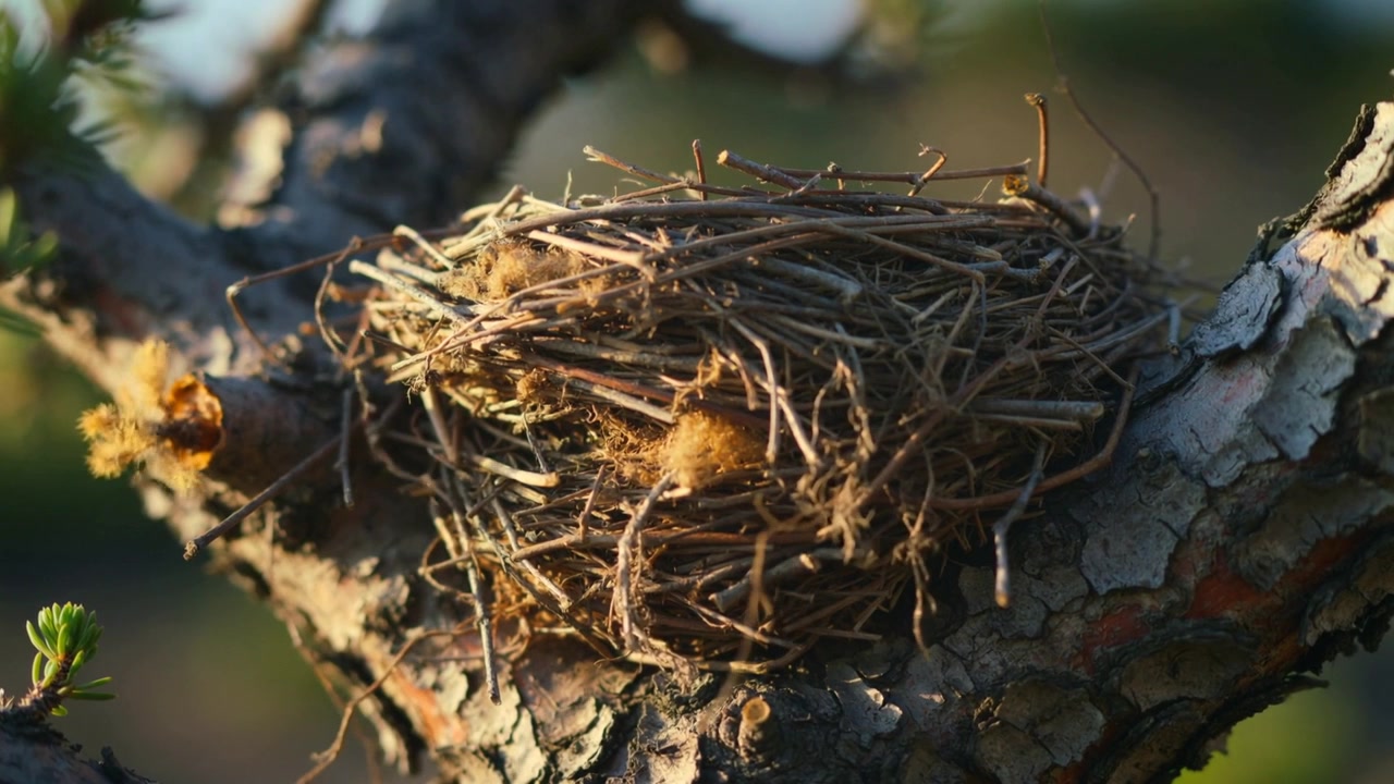 Zooming camera tightening on small woven bird nest in crook of branch, revealing twig texture