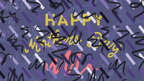 animación de ecuaciones matemáticas y texto feliz del día de las madres sobre fondo púrpura