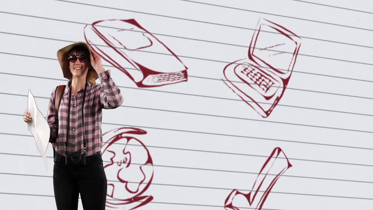 mujer con un mapa contra los iconos del concepto de la escuela en papel de línea blanca