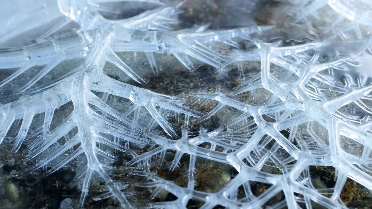 Sequenza ravvicinata di fratture di ghiaccio traslucide che si espandono su una superficie esterna scura, con linee cristalline luminose, texture nitida e luce naturale soffusa.